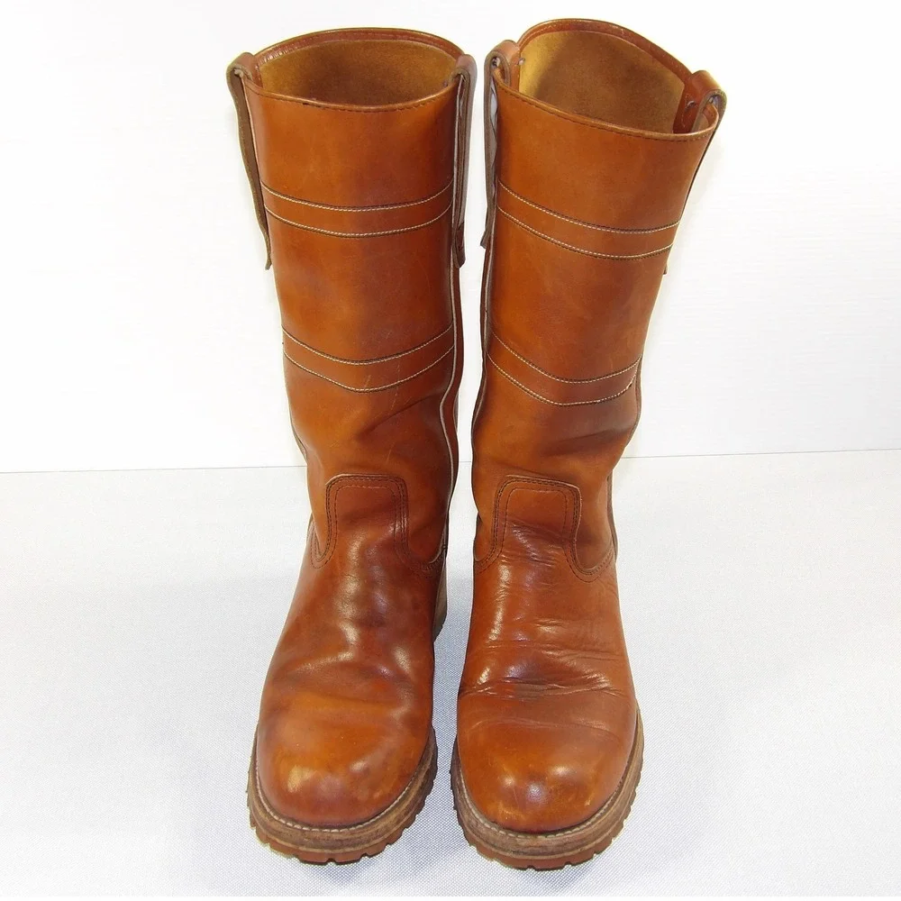 Vintage Tall Leather Pull On Boots Mens 8.5 Tan Good Vibram Lug Sole Work Moto